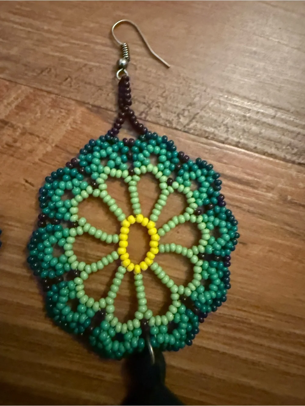 MEXICANA Green Yellow Black Beaded Floral Tassel Earrings